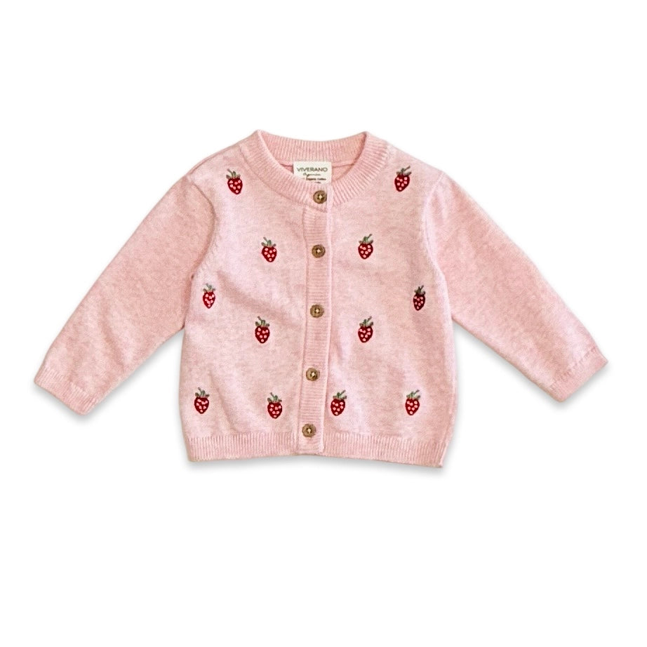 Strawberry Embroidered Knit Baby Cardigan - Organic Cotton