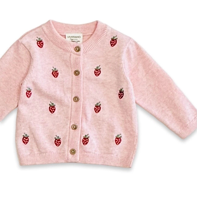 Strawberry Embroidered Knit Baby Cardigan - Organic Cotton