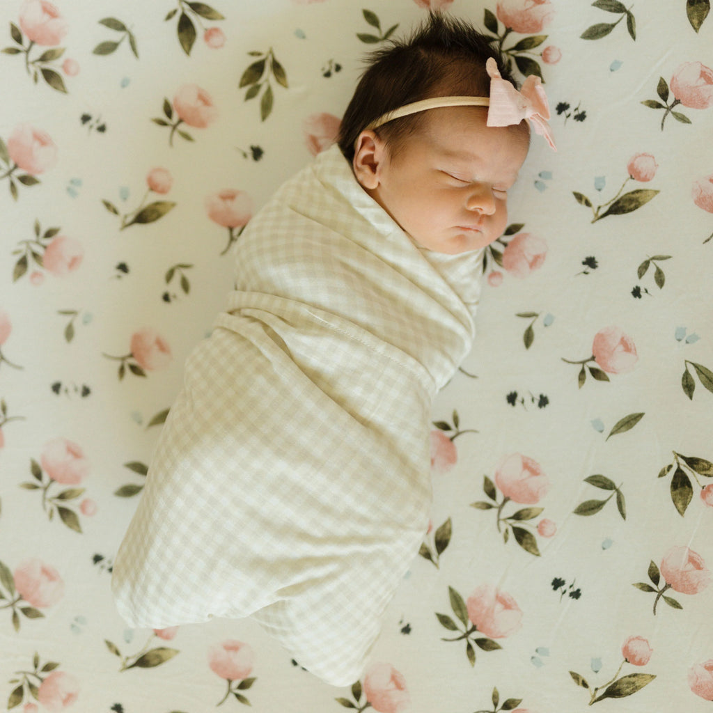 Stretch Knit Swaddle Blanket - Tan Gingham 