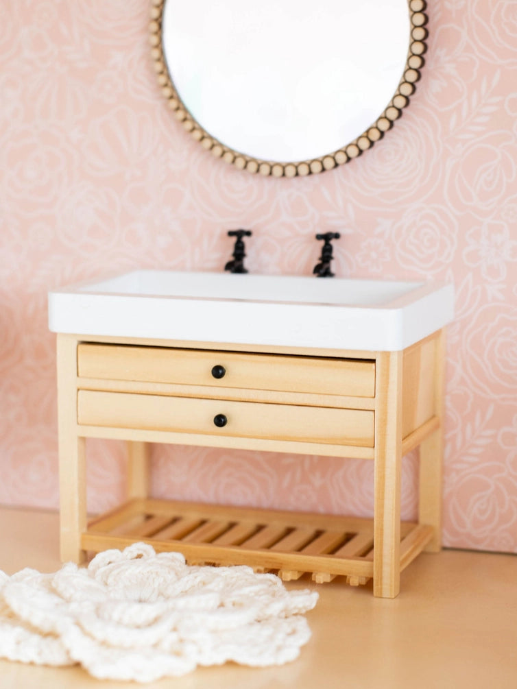 Dollhouse Double Faucet Bathroom Vanity | Wood & White