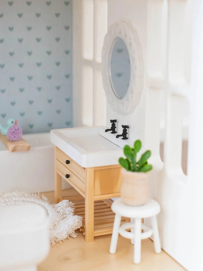 Dollhouse Double Faucet Bathroom Vanity | Wood & White