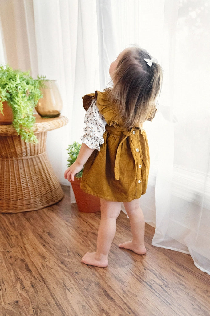 Corduroy Pinafore Baby Dress + Floral Shirt Set (Organic)