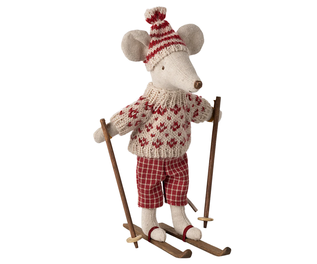 Winter mouse with ski set, Mum - Red