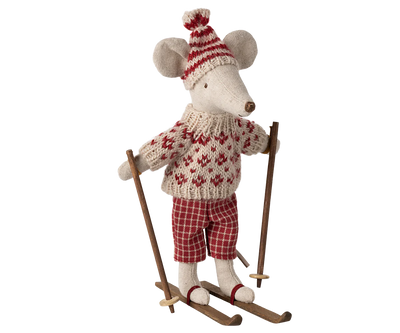 Winter mouse with ski set, Mum - Red