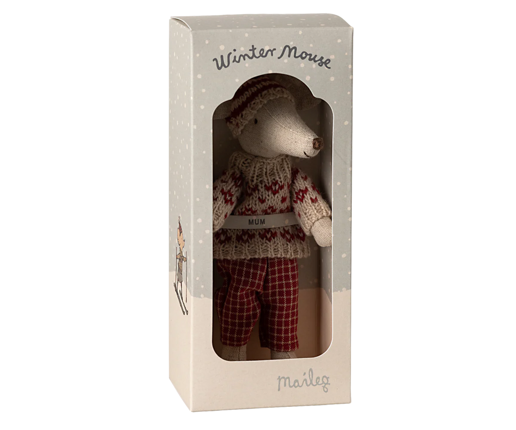 Winter mouse with ski set, Mum - Red