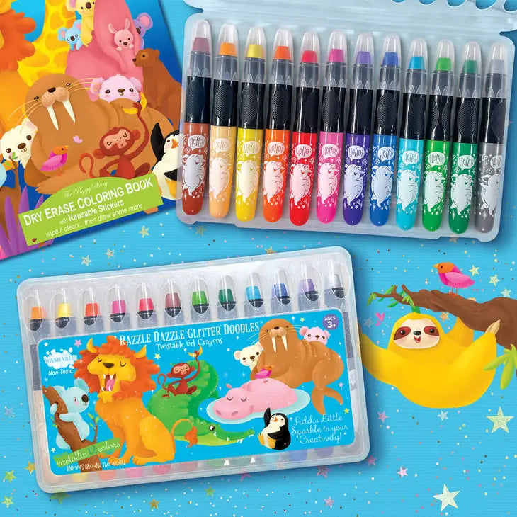 GLITTER DOODLE GEL CRAYONS - ANIMALS AROUND THE WORLD