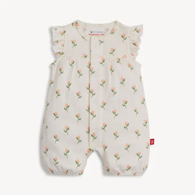 Floral Chicken Tender, Magnetic Short Romper - Organic Cotton