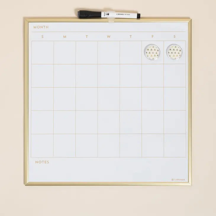 GOLD FRAMED DRY ERASE CALENDAR BOARD - 14"X14"