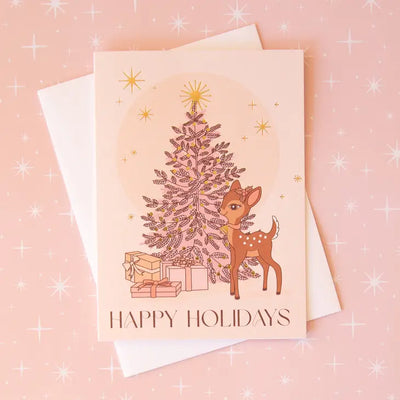 HAPPY HOLIDAYS TREE WITH RETRO DEER - GOLD FOIL