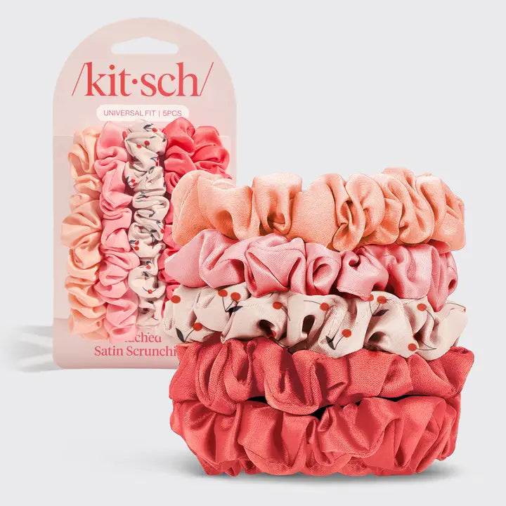 Rushed Satin Scrunchies 5pc Set - Assorted Cherry Blossom