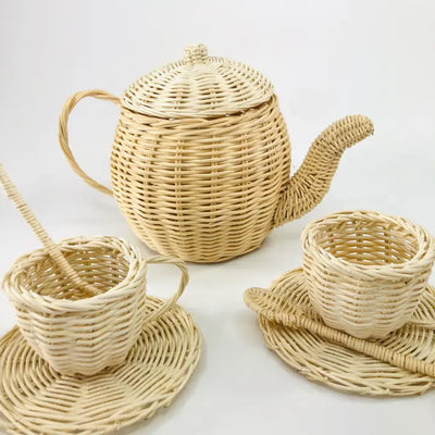 TEA SET HANDMADE WHITE NATURAL RATTAN PRETEND BOHO TOY