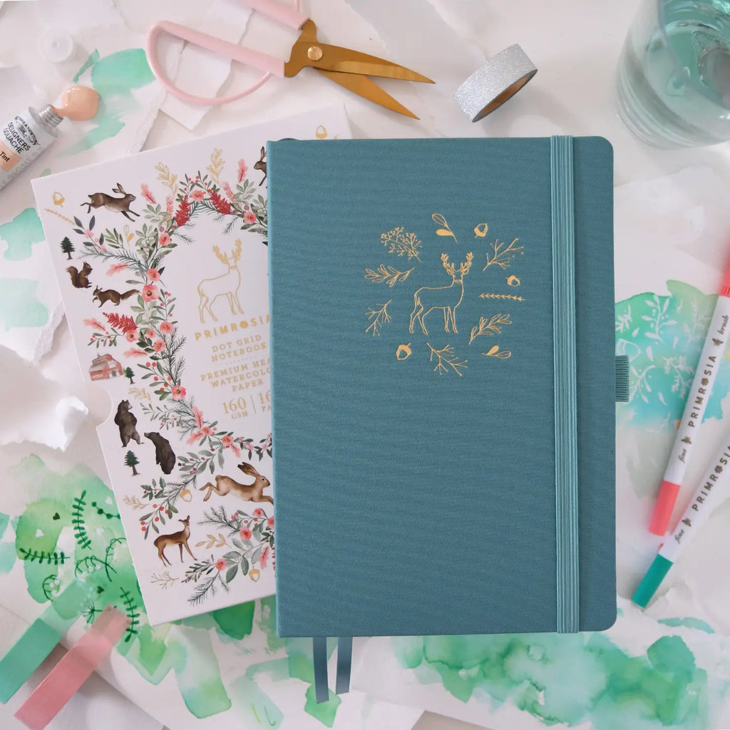 'deer' Woodlands Teal – Watercolor Dot Grid Journal A5