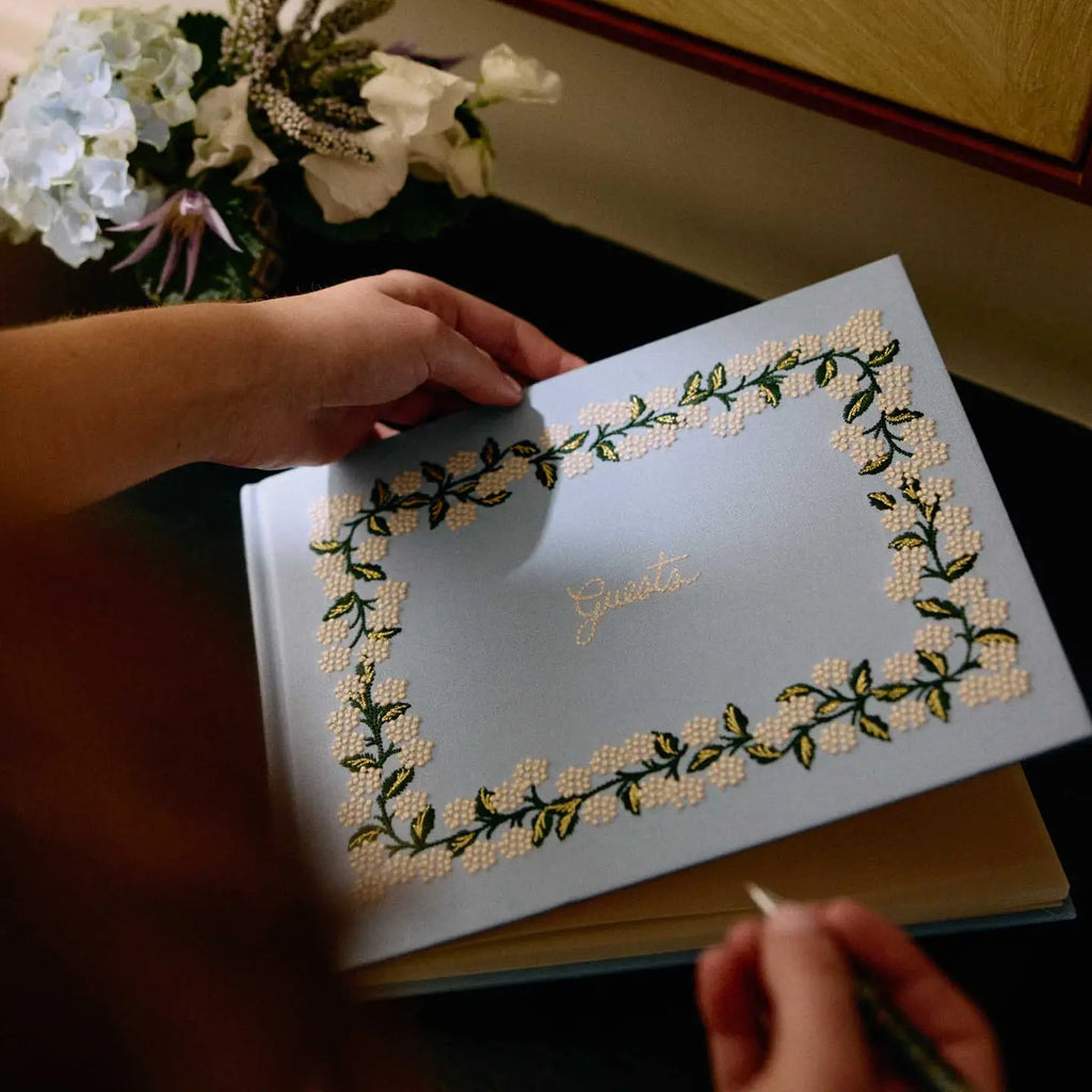 Hydrangea Embroidered Fabric Guest Book