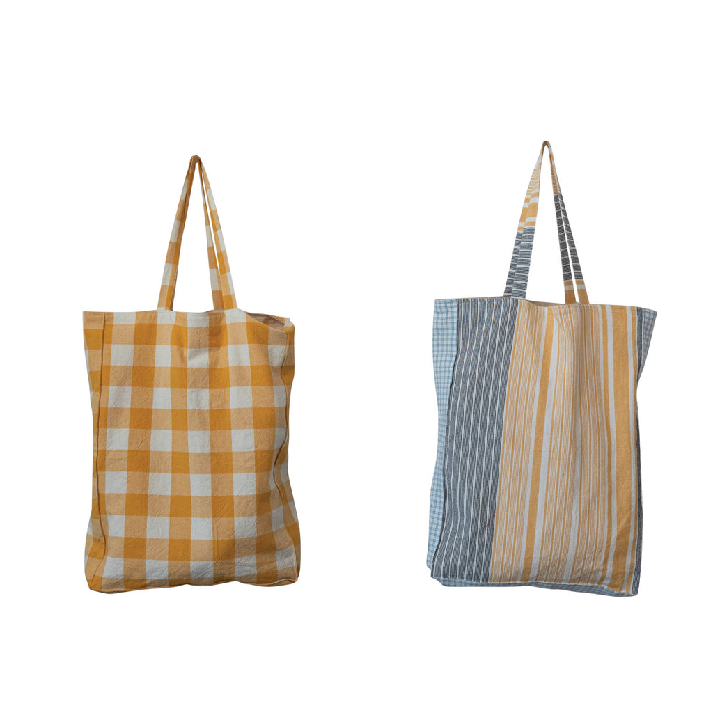 Cotton Tote Bag w/ Gingham/Stripes & Interior Pocket