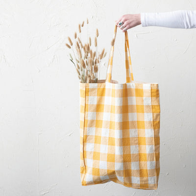 Cotton Tote Bag w/ Gingham/Stripes & Interior Pocket