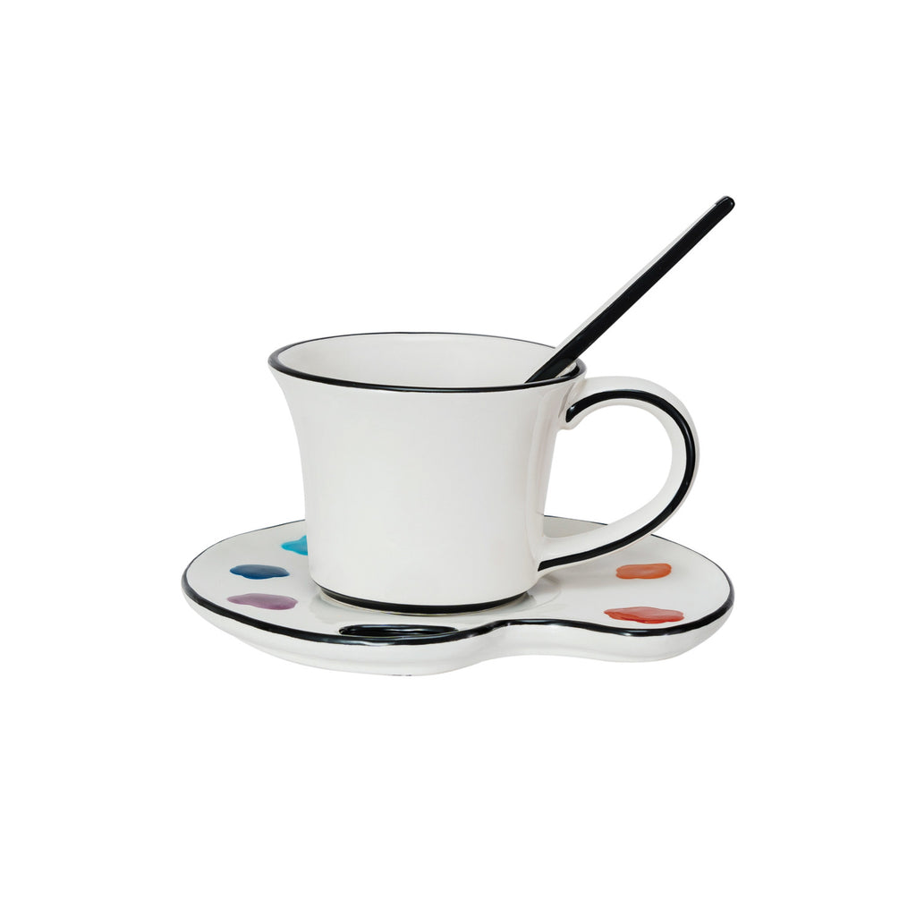 Ceramic Paint Palette Saucer w/ Teacup & Brush Shaped Stirrer