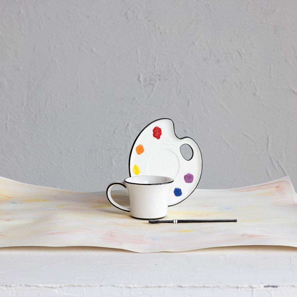 Ceramic Paint Palette Saucer w/ Teacup & Brush Shaped Stirrer
