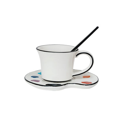 Ceramic Paint Palette Saucer w/ Teacup & Brush Shaped Stirrer