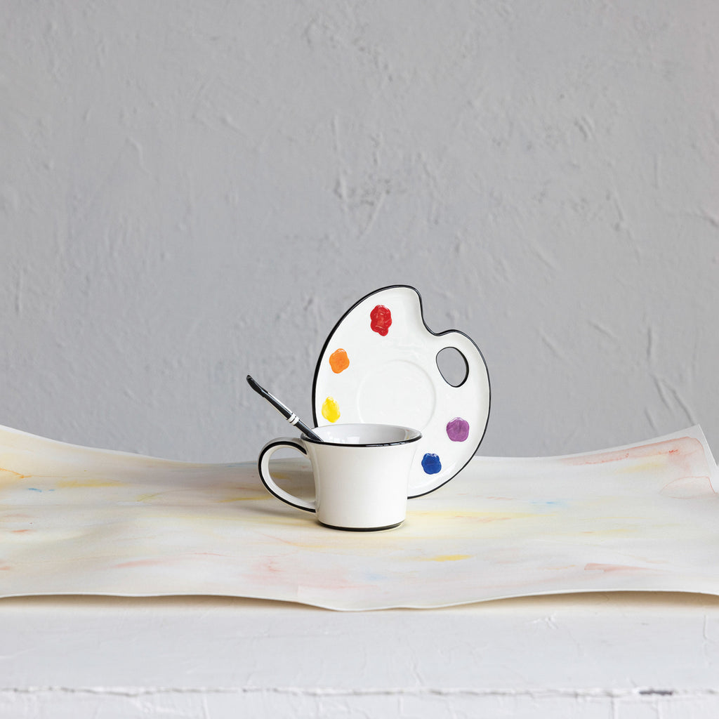 Ceramic Paint Palette Saucer w/ Teacup & Brush Shaped Stirrer