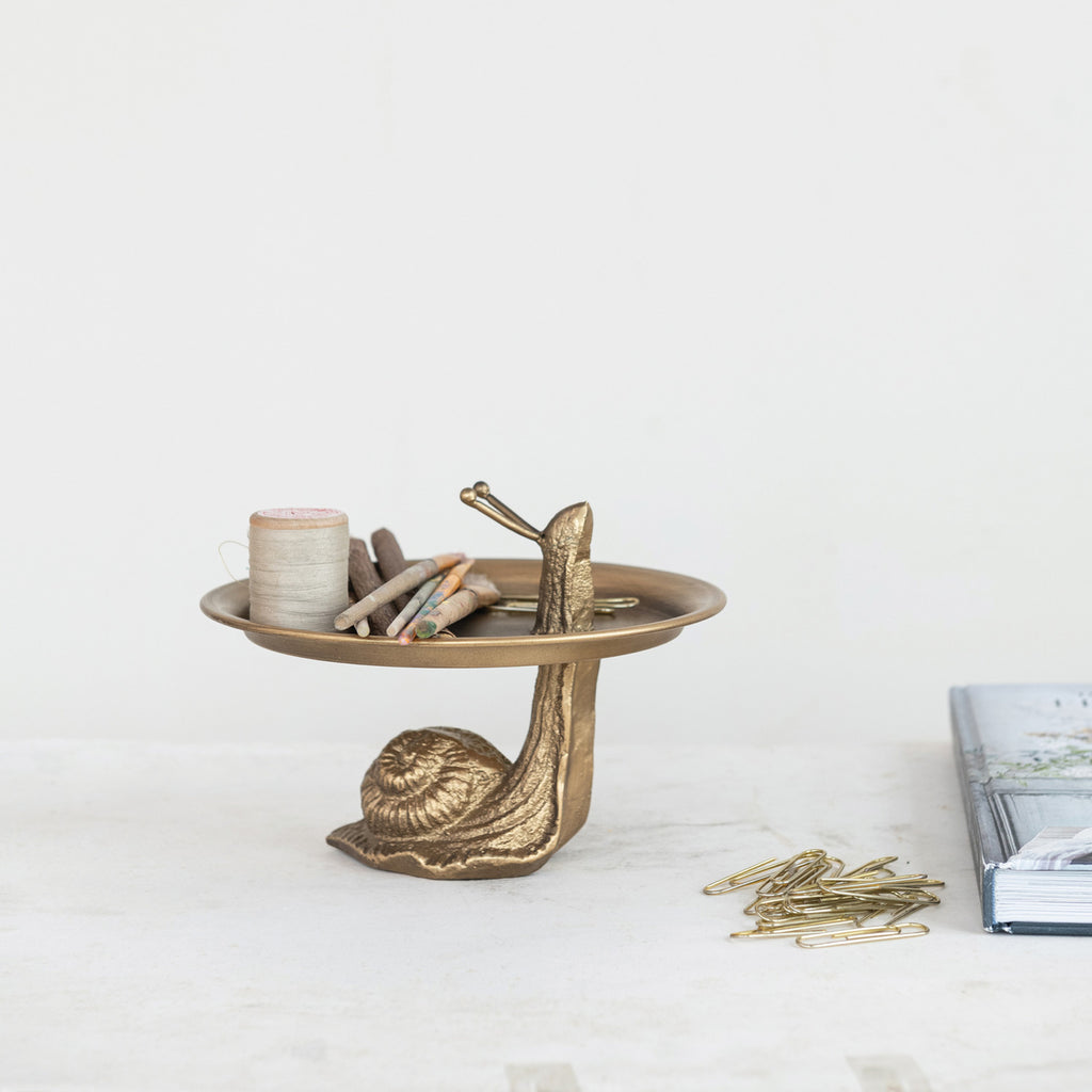 Decorative Metal Tray with Snail Shaped Stand with Gold Finish