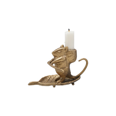 Cast Metal Taper Holder with Mouse on Leaf