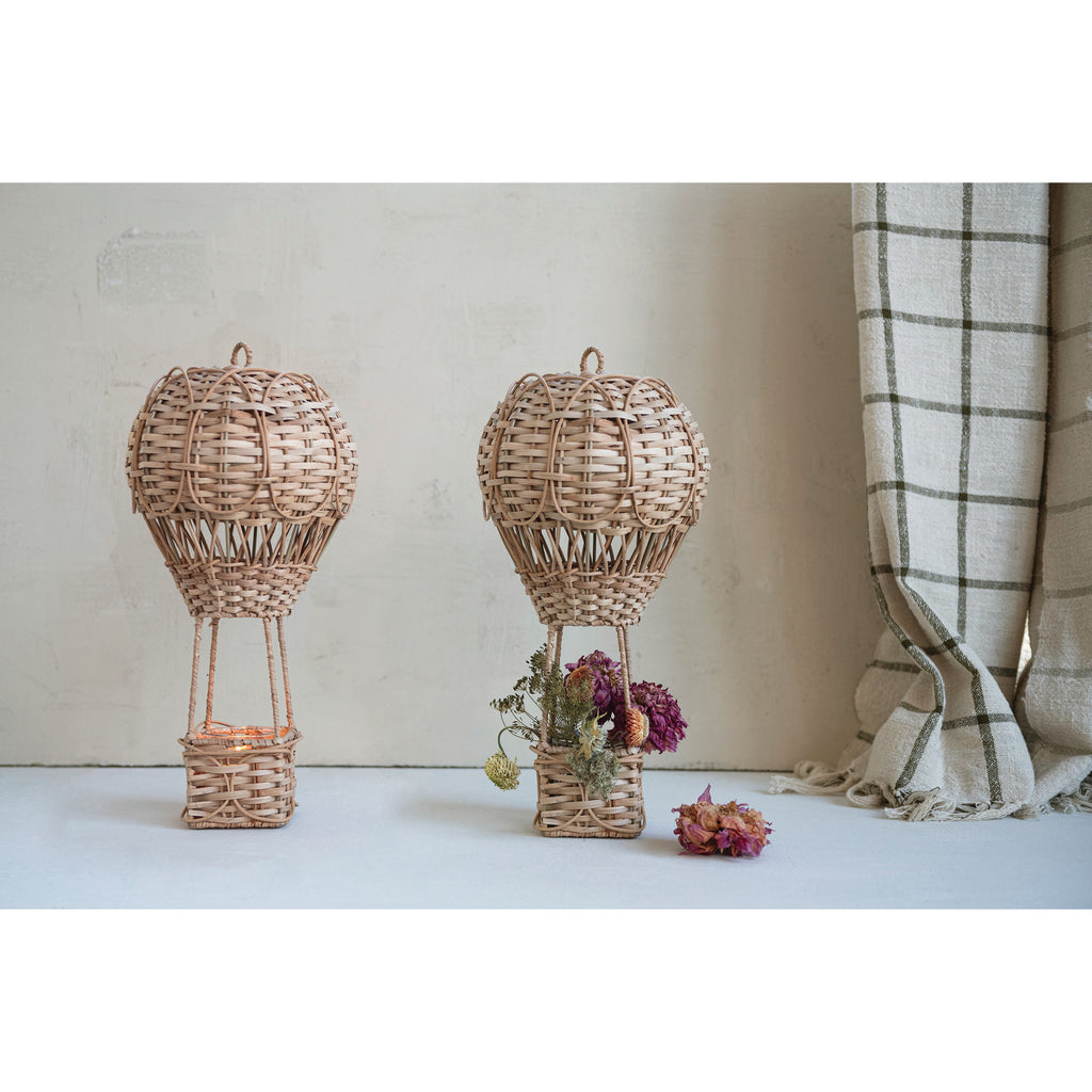 Hand-Woven Rattan Hot Air Balloon Tealight Holder/Vase with Glass Insert
