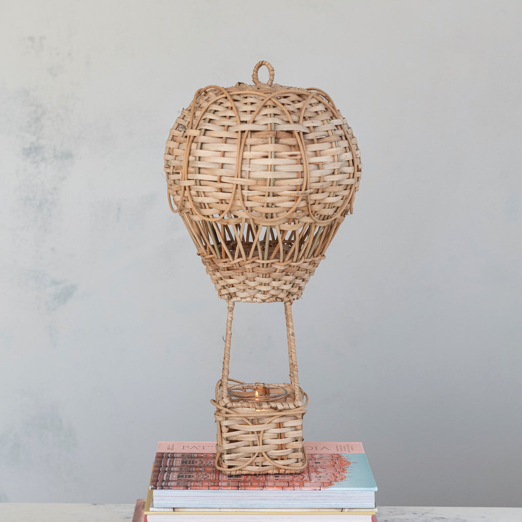 Hand-Woven Rattan Hot Air Balloon Tealight Holder/Vase with Glass Insert