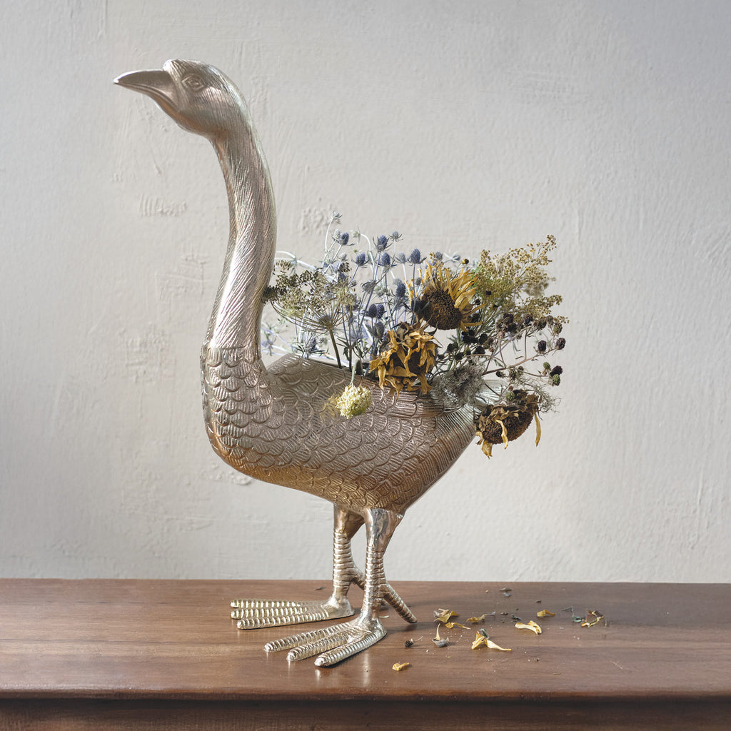 Cast Aluminum Goose Shaped Planter/Container with Gold Finish