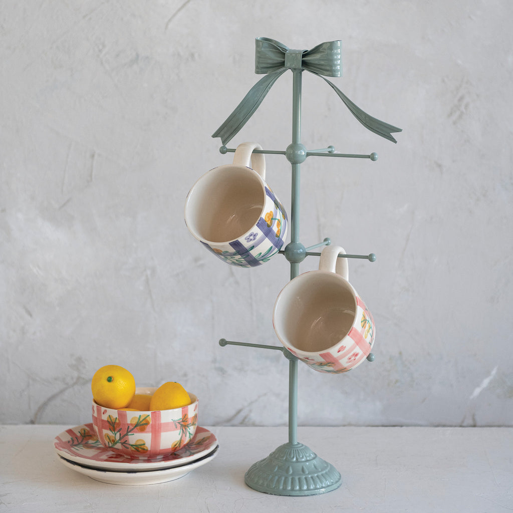 Metal Mug Rack with Bow in Eucalyptus Color