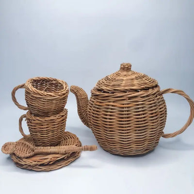 TOY TEA SET HANDMADE RATTAN - WICKER BOHO PRETEND PLAY