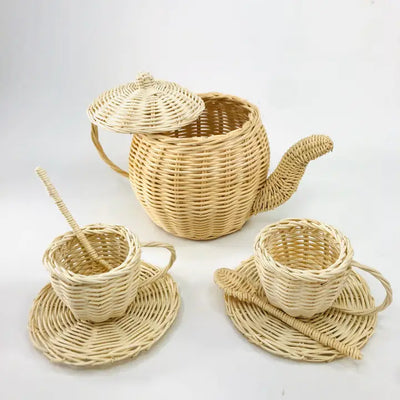 TEA SET HANDMADE WHITE NATURAL RATTAN PRETEND BOHO TOY