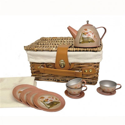 Fawn Tin Tea Set in a Wicker Case