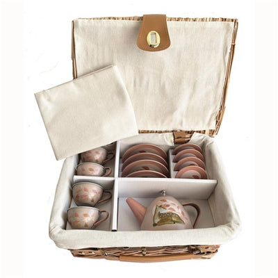 Fawn Tin Tea Set in a Wicker Case