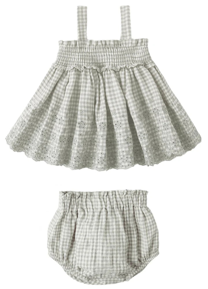 Mae Smocked Top + Bloomer Set Sage Gingham