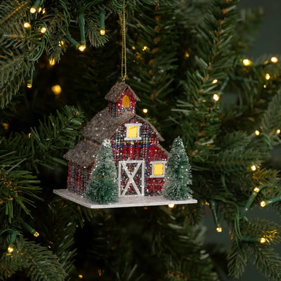 Plaid Lighted Barn Ornament