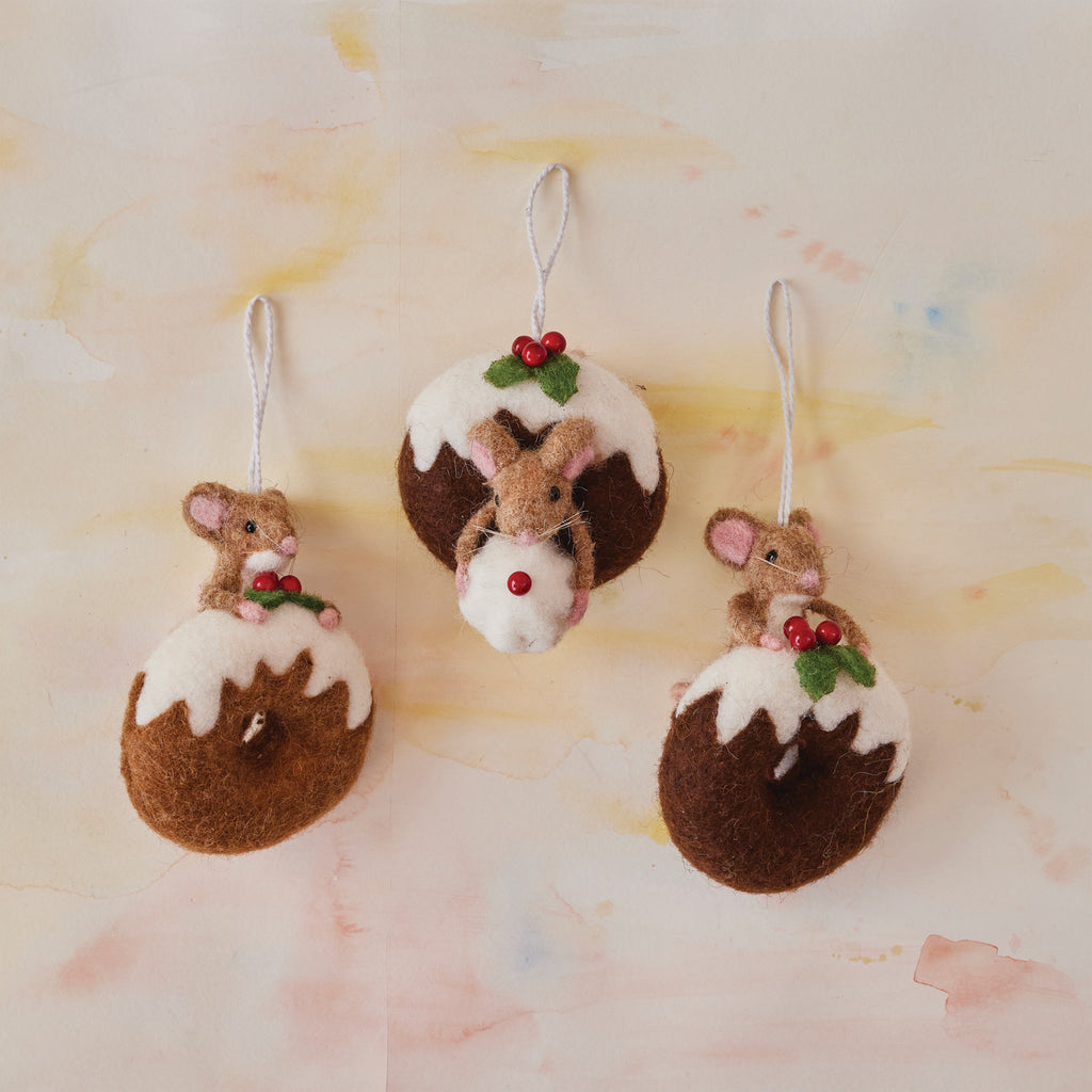 Handmade Wool Felt Mouse on Doughnut Ornament