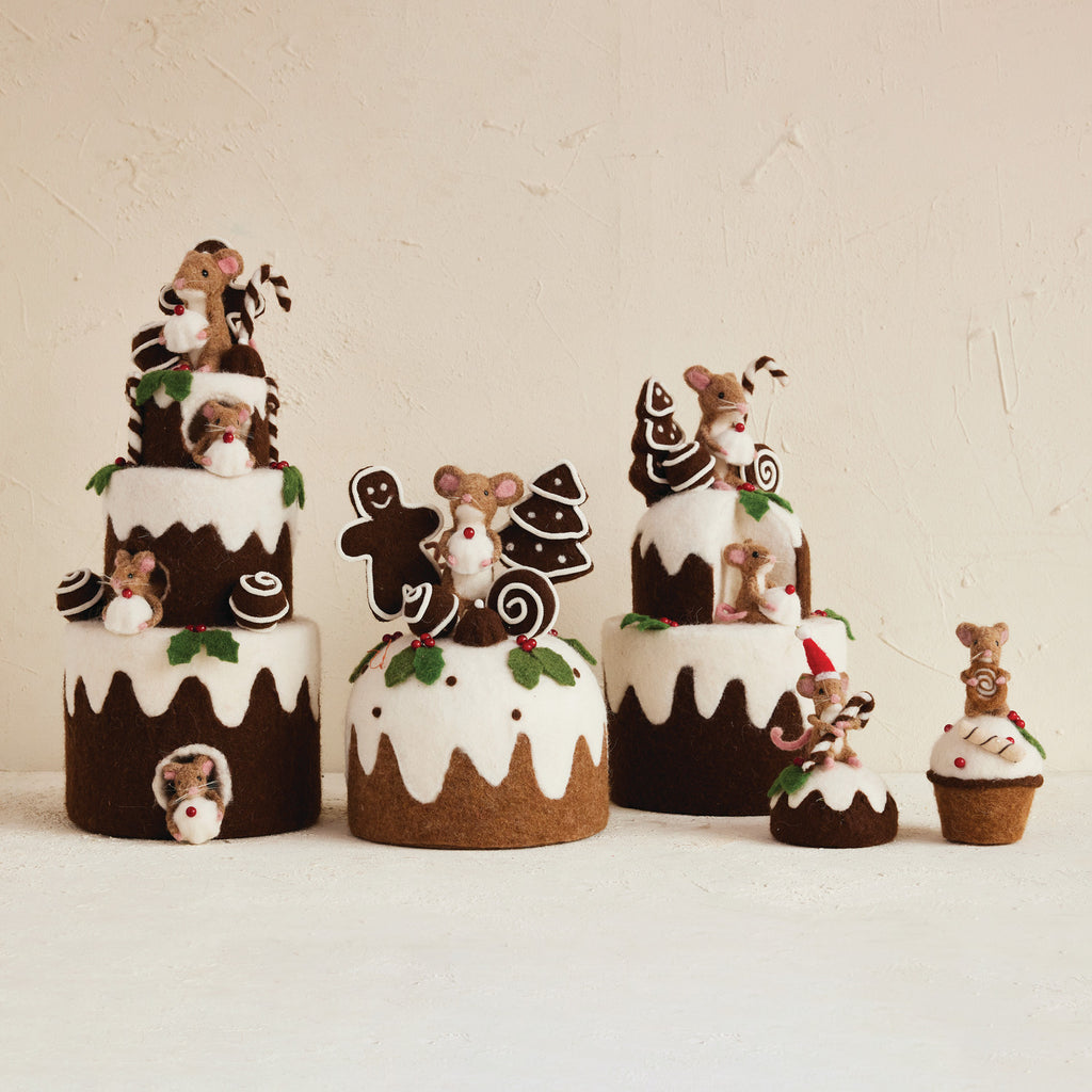 Handmade Wool Felt Cake with Gingerbread Cookies & Mouse