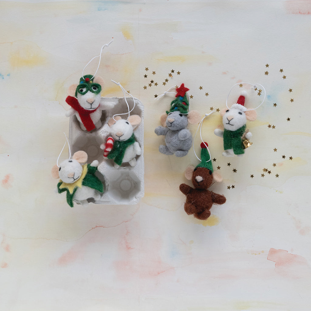 Handmade Wool Felt Mice Ornaments in Egg Crate