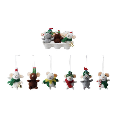 Handmade Wool Felt Mice Ornaments in Egg Crate