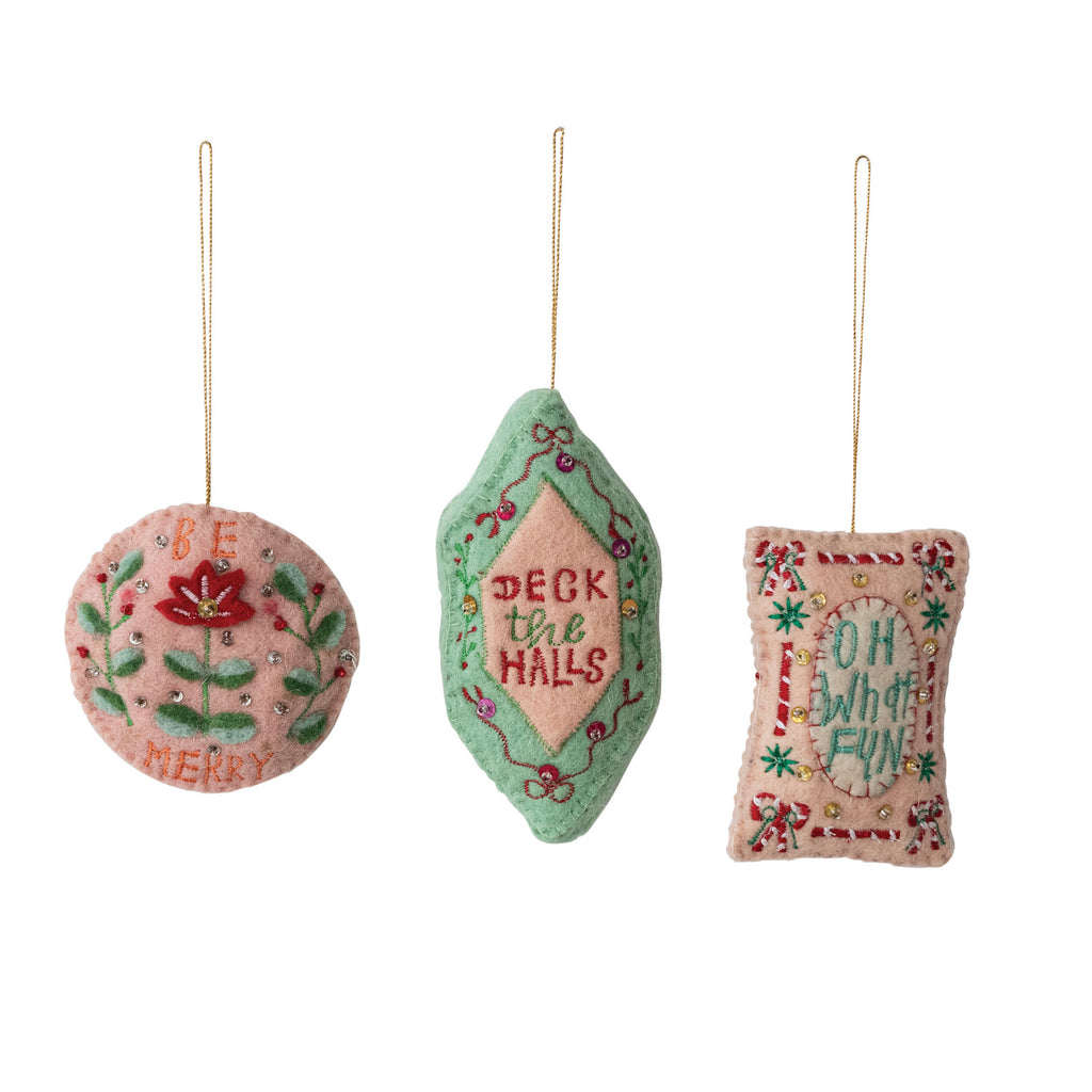 Handmade Wool Felt Ornament with Holiday Sayings, Sequins & Glass Beads