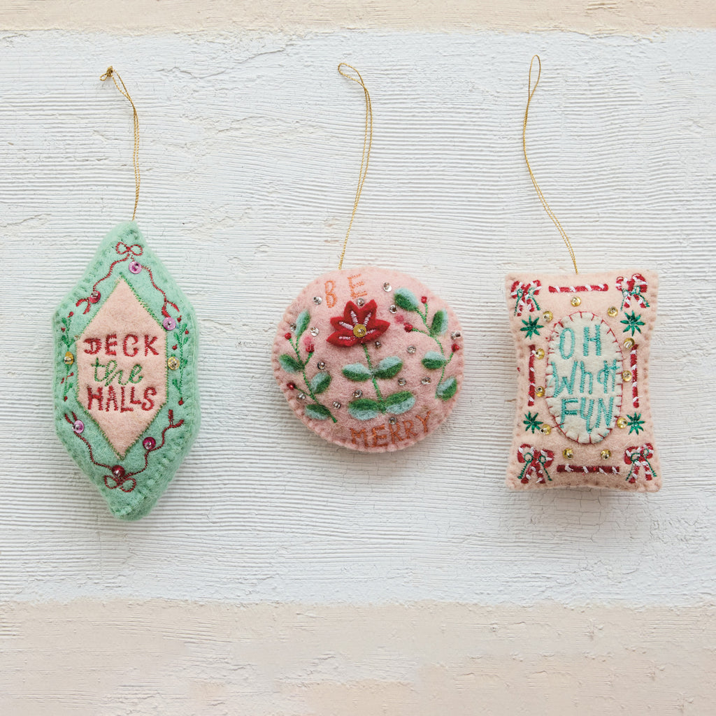 Handmade Wool Felt Ornament with Holiday Sayings, Sequins & Glass Beads