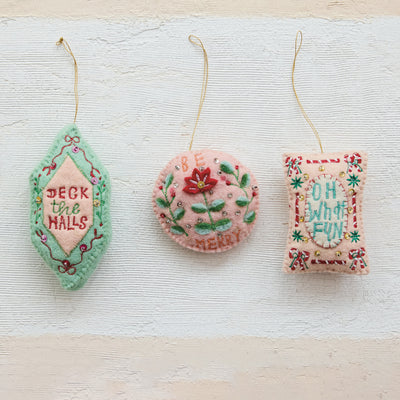 Handmade Wool Felt Ornament with Holiday Sayings, Sequins & Glass Beads