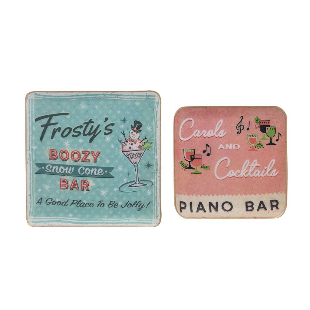 Enameled Metal Trays with Holiday Bar Images & Sayings