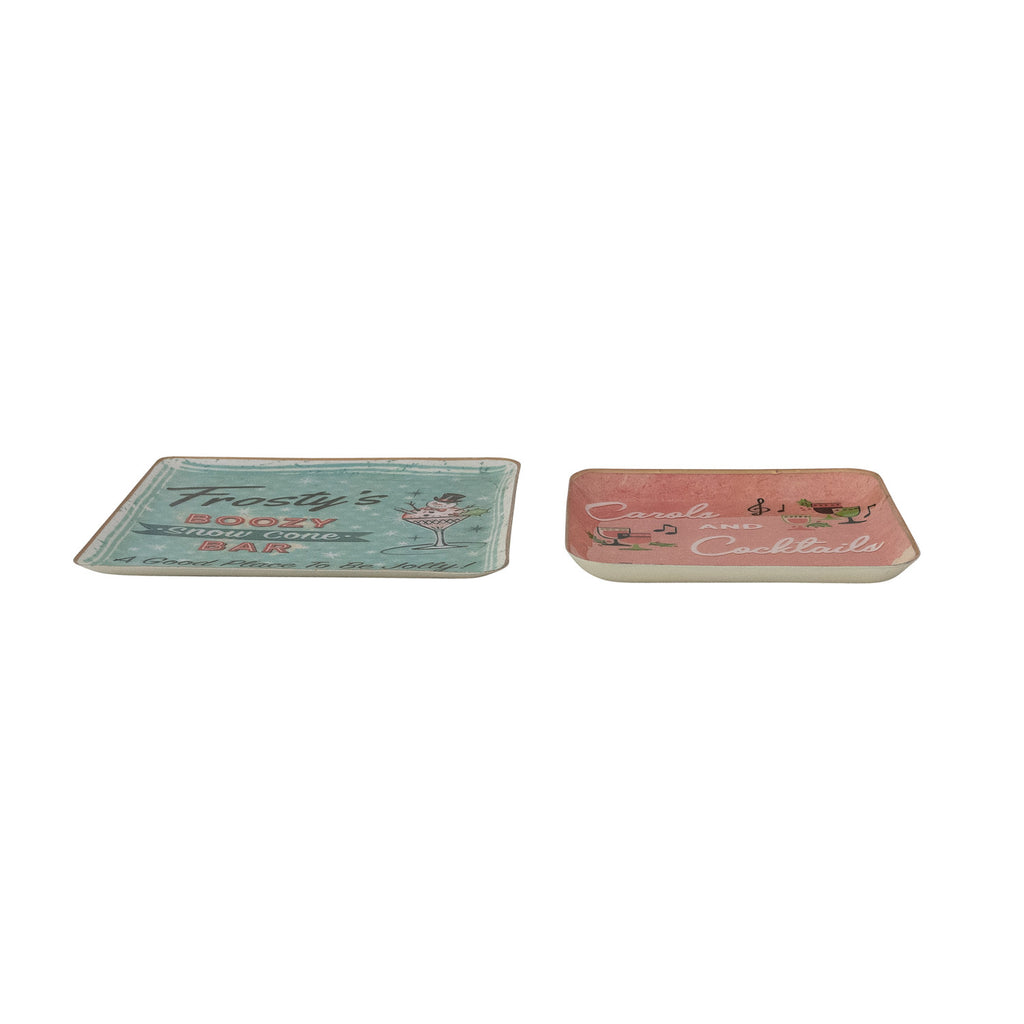 Enameled Metal Trays with Holiday Bar Images & Sayings