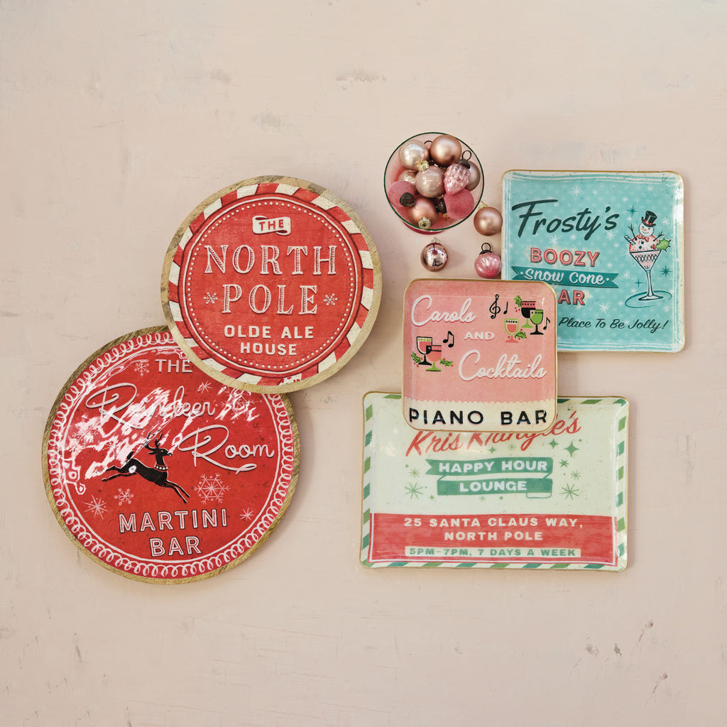 Enameled Metal Trays with Holiday Bar Images & Sayings