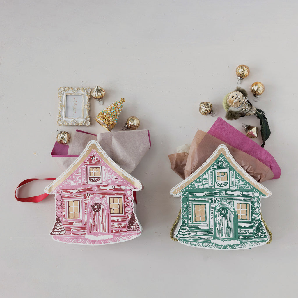 Handmade Printed Recycled Paper Cabin Shaped Gift Bags with Handle