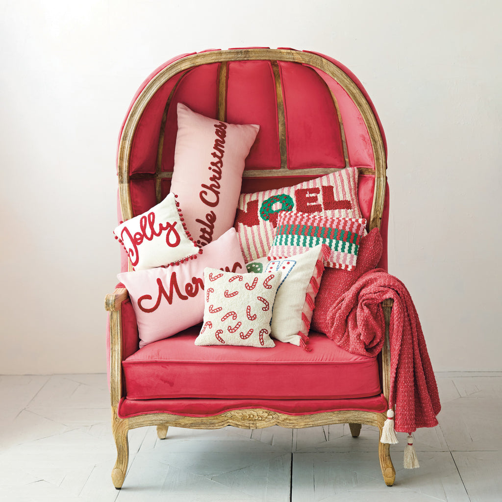 Cotton Slub Lumbar Pillow with Tufted "Merry little Christmas"