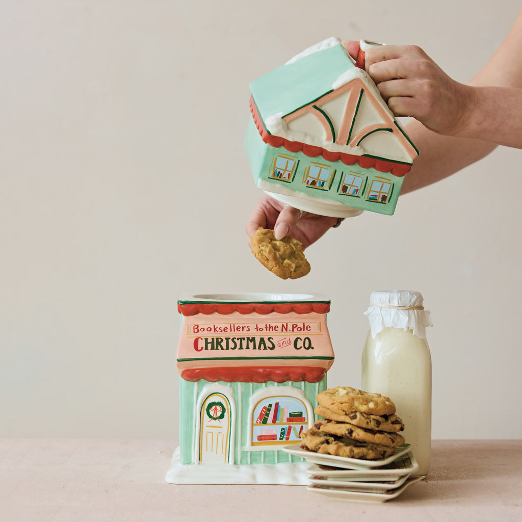 "Christmas and Co." Bookstore Shaped Cookie Jar with Snowman