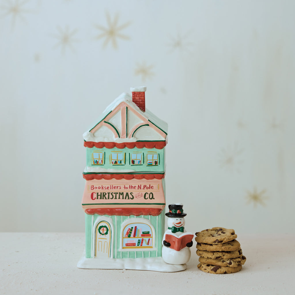 "Christmas and Co." Bookstore Shaped Cookie Jar with Snowman