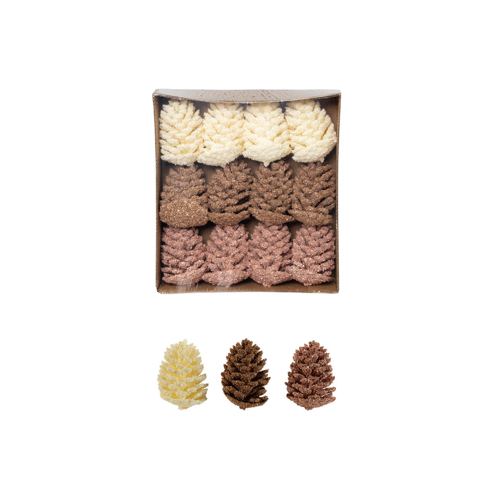 Faux Pinecones with Glitter, Pink, Brown & Cream Color, Boxed Set of 9